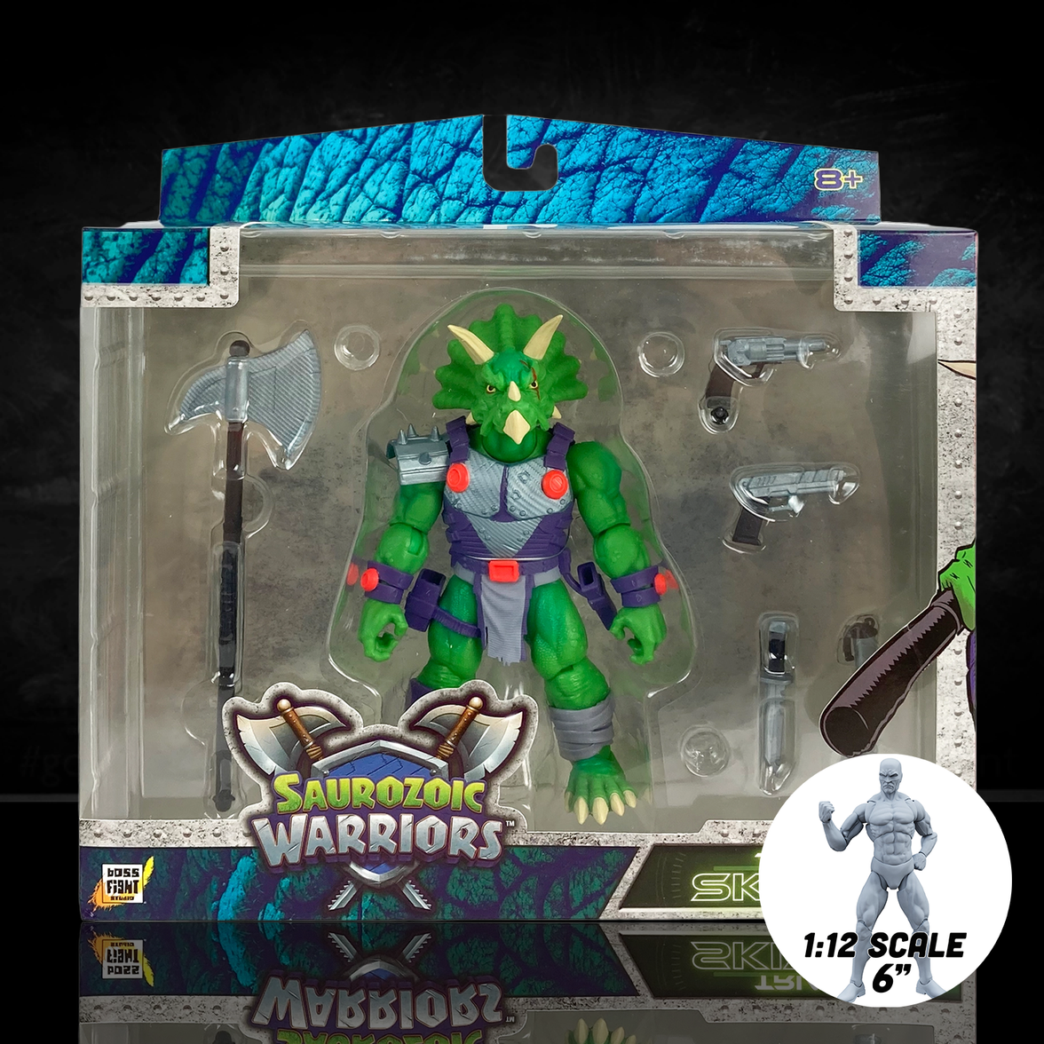 Articulated Triax Skiver dinosaur figure holding a large halberd axe and a blaster pistol. This 6-inch scale Triceratops soldier includes a full arsenal: dual revolvers, a combat knife, and smoke grenades for dynamic battle displays.
