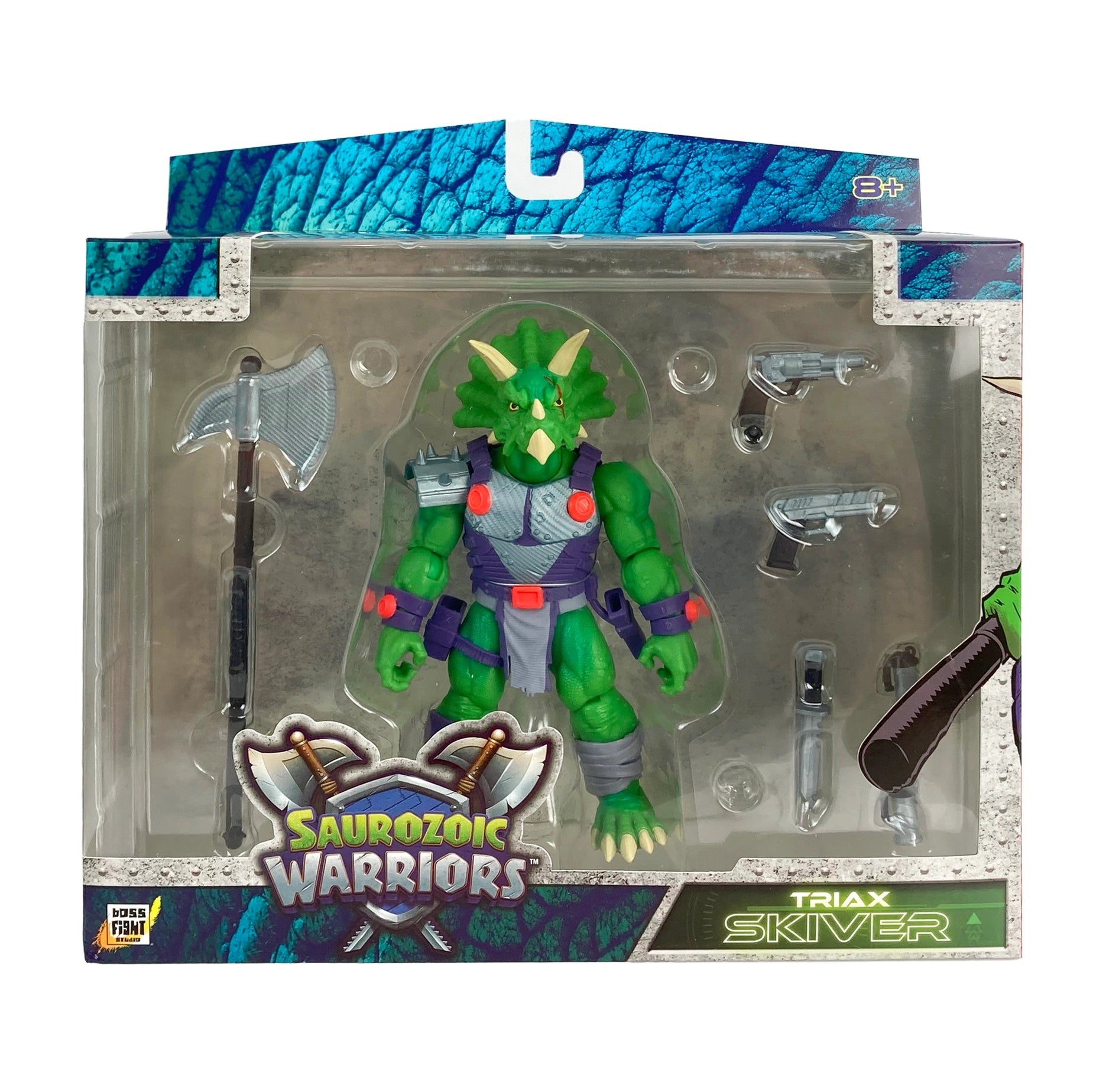 Articulated Triax Skiver dinosaur figure holding a large halberd axe and a blaster pistol. This 6-inch scale Triceratops soldier includes a full arsenal: dual revolvers, a combat knife, and smoke grenades for dynamic battle displays.
