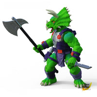 Articulated Triax Skiver dinosaur figure holding a large halberd axe and a blaster pistol. This 6-inch scale Triceratops soldier includes a full arsenal: dual revolvers, a combat knife, and smoke grenades for dynamic battle displays.
