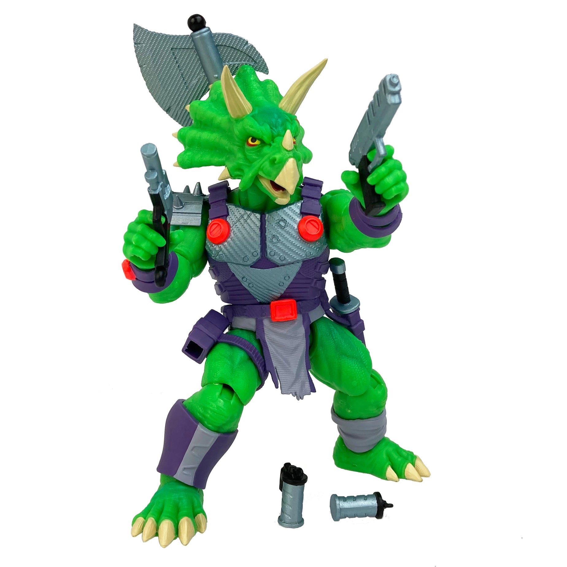 Articulated Triax Skiver dinosaur figure holding a large halberd axe and a blaster pistol. This 6-inch scale Triceratops soldier includes a full arsenal: dual revolvers, a combat knife, and smoke grenades for dynamic battle displays.