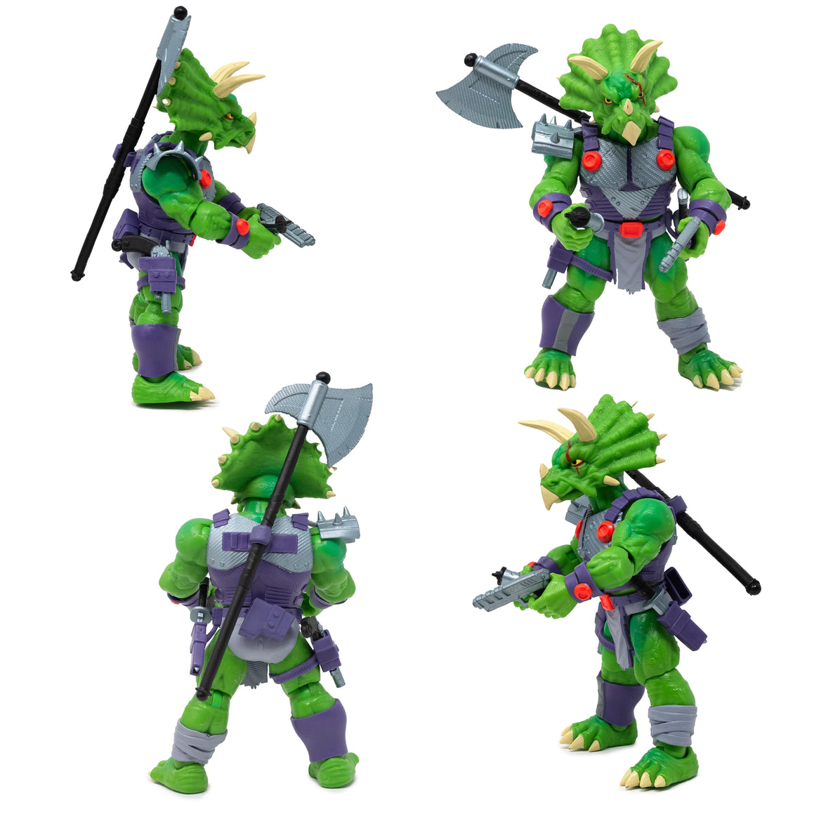 Articulated Triax Skiver dinosaur figure holding a large halberd axe and a blaster pistol. This 6-inch scale Triceratops soldier includes a full arsenal: dual revolvers, a combat knife, and smoke grenades for dynamic battle displays.