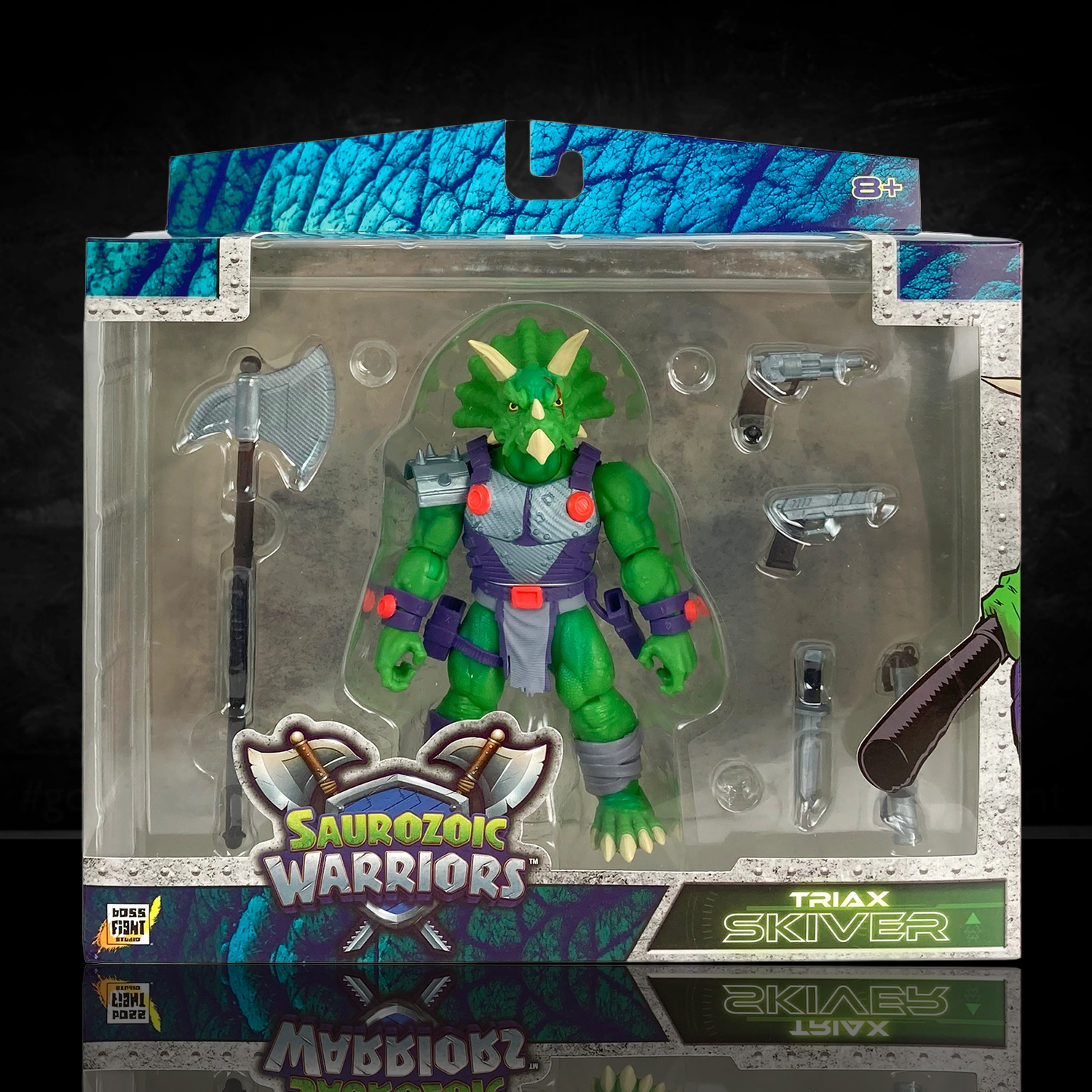 Articulated Triax Skiver dinosaur figure holding a large halberd axe and a blaster pistol. This 6-inch scale Triceratops soldier includes a full arsenal: dual revolvers, a combat knife, and smoke grenades for dynamic battle displays.