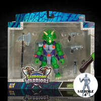 Articulated Triax Skiver dinosaur figure holding a large halberd axe and a blaster pistol. This 6-inch scale Triceratops soldier includes a full arsenal: dual revolvers, a combat knife, and smoke grenades for dynamic battle displays.