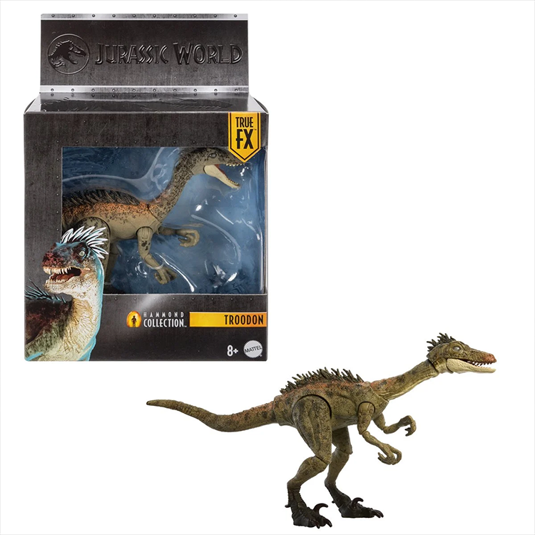 Mattel Jurassic World Hammond Collection Troodon action figure with posable jaw and tail, detailed design, 8+ years.