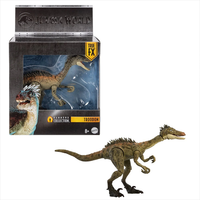 Mattel Jurassic World Hammond Collection Troodon action figure with posable jaw and tail, detailed design, 8+ years.