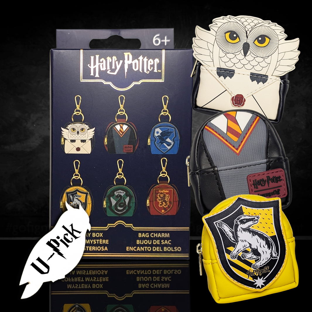 Mini-Loungefly Harry Potter Cosplay Mystery Bag Charm – New In Box collectible by Go Figment with Hogwarts house backpacks and owl design