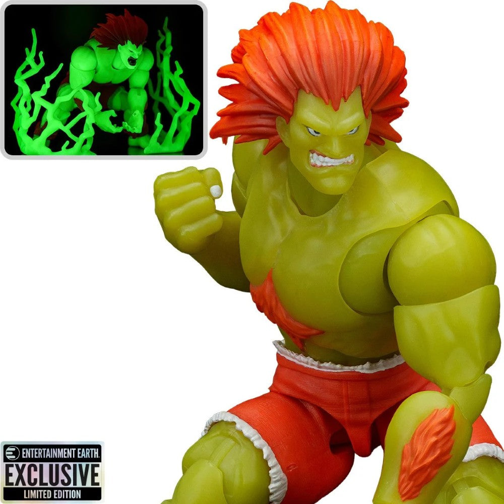 Blanka Ultra Street Fighter II Glow-in-the-Dark 6-Inch Action Figure Jada Toys in fighting pose with glowing green effect inset