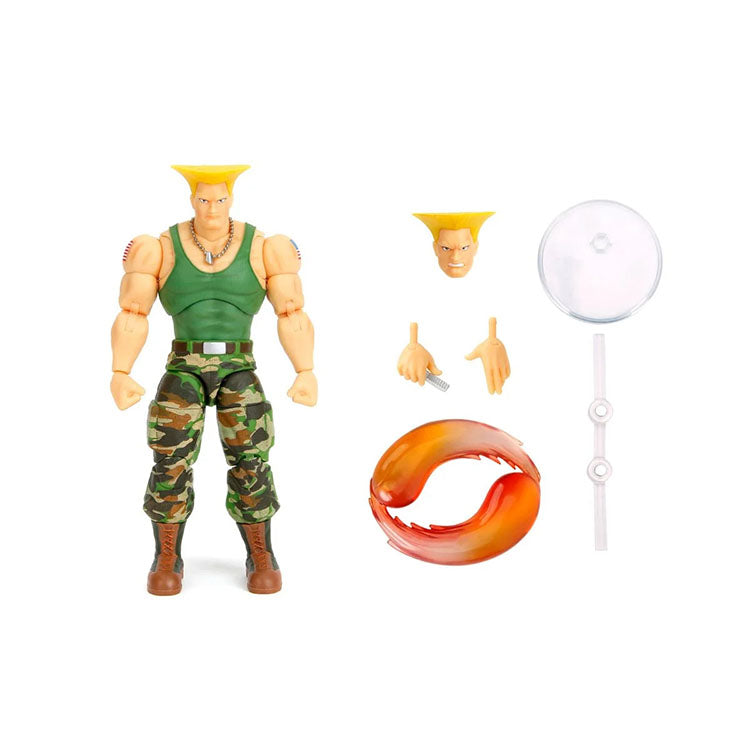 Jada Toys Ultra Street Fighter II Colonel Guile 6-inch action figure with alternate head, hands, effect, and stand accessories