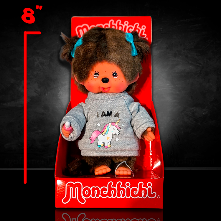Official Sekiguchi 8-inch Monchhichi Girl Unicorn plush doll collectible, often searched as a pastel Monchichi toy.
