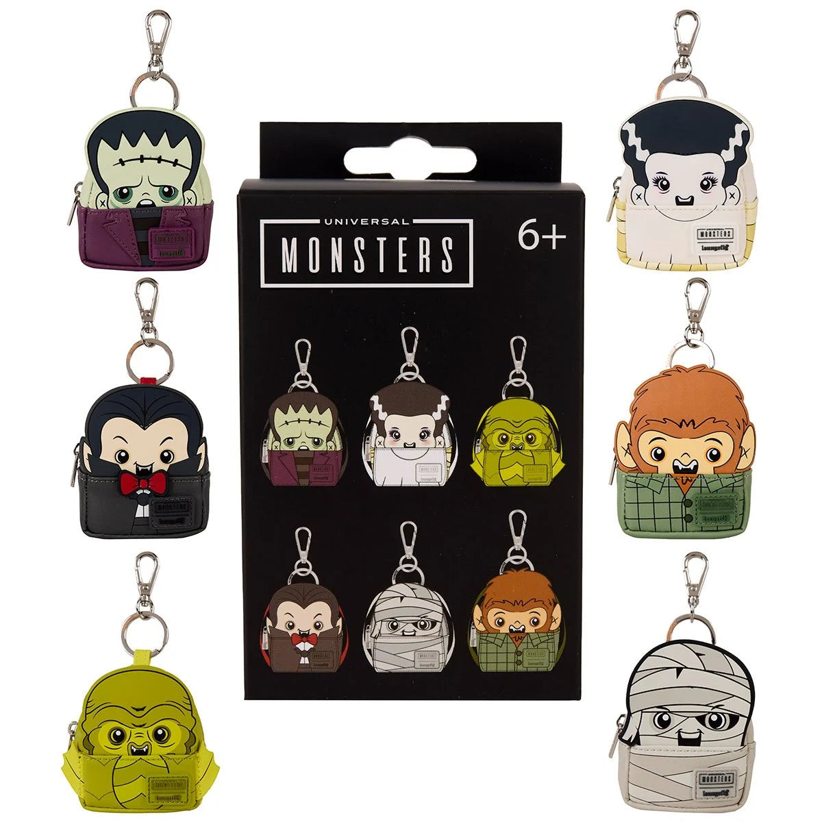 Universal Monsters U-PICK Loungefly Mini-Backpack Mystery Box Bag Charm Key Chain set by Loungefly with classic monster designs.