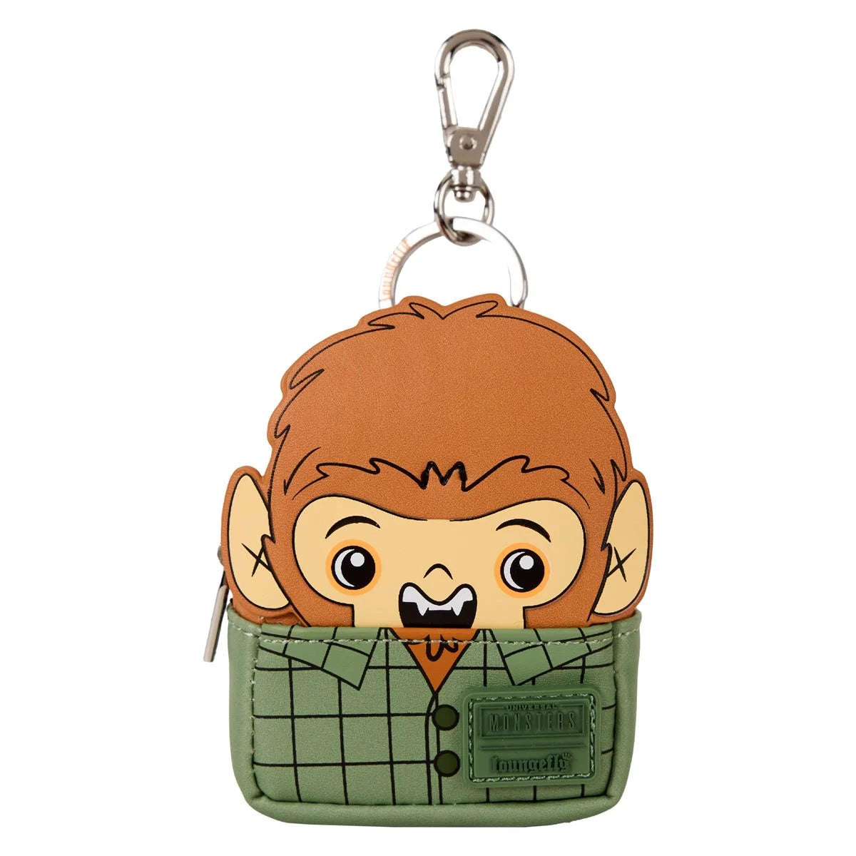 Universal Monsters U-PICK Loungefly Mini-Backpack Mystery Box Bag Charm Key Chain featuring a green plaid mini backpack with a cartoon werewolf face.