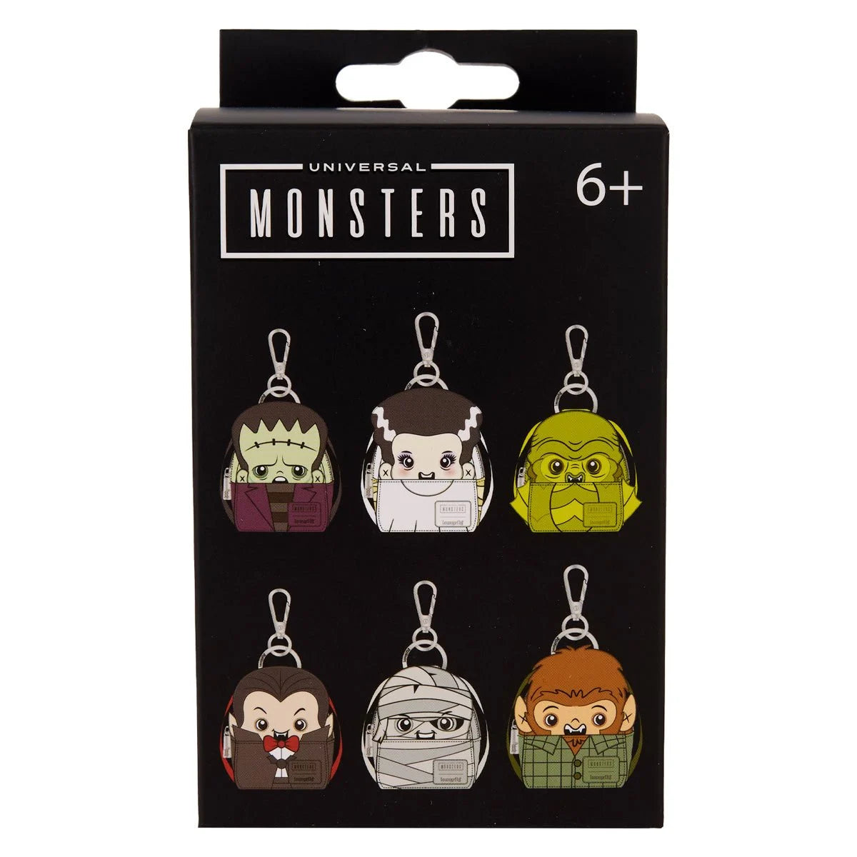 Box set of Universal Monsters U-PICK Loungefly Mini-Backpack Mystery Box Bag Charm Key Chain featuring six character designs by Loungefly