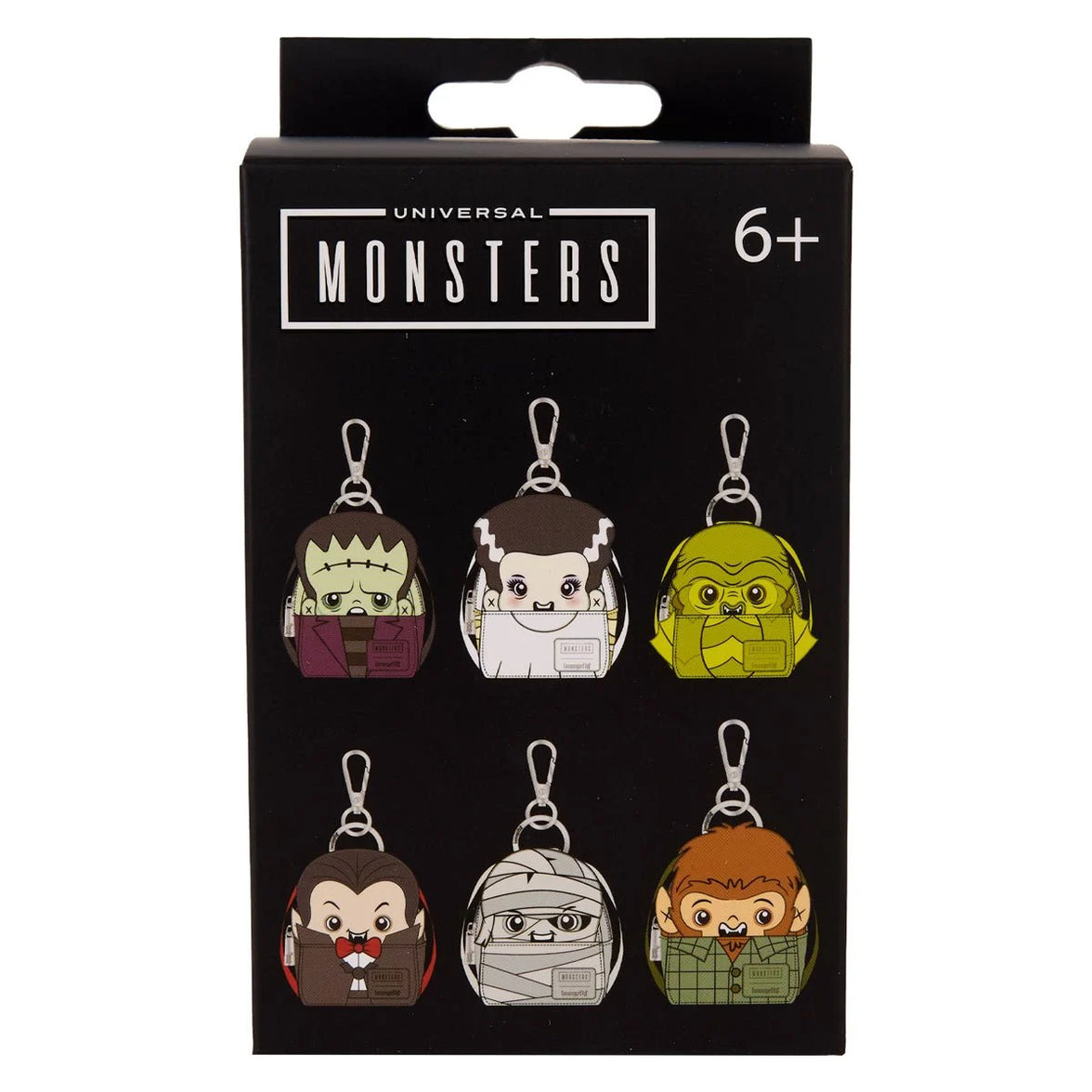 Box set of Universal Monsters U-PICK Loungefly Mini-Backpack Mystery Box Bag Charm Key Chain featuring six character designs by Loungefly