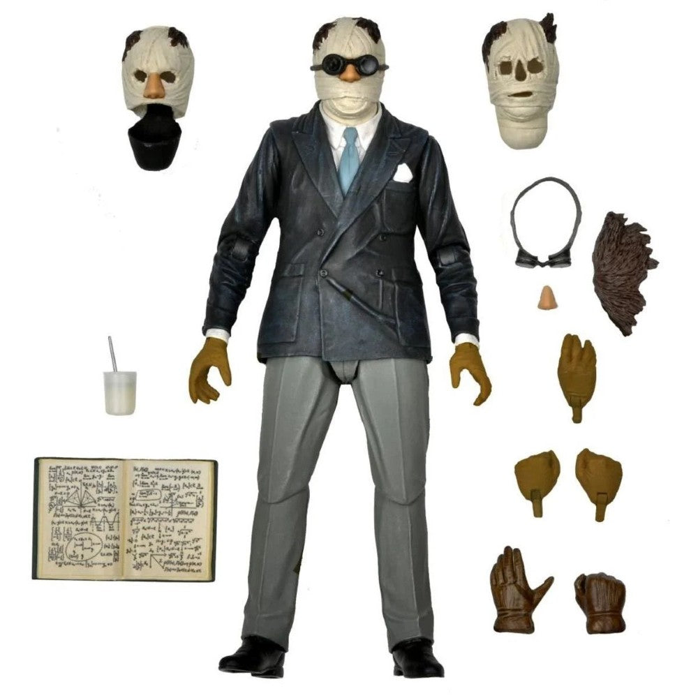 The Invisible Man Universal Monsters Ultimate Action Figure NECA 7” with interchangeable heads, hands, book, and goggles collectible