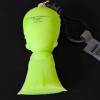 Go Figment Universal Monsters Series 4 neon green character bag clip viewed from back with attached black carabiner clip and tag