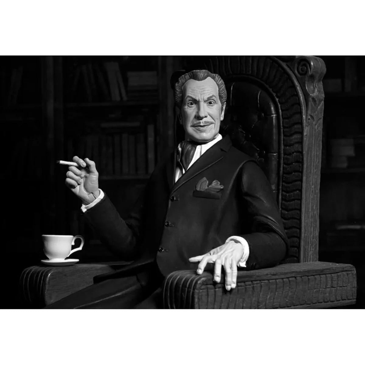 Vincent Price - Ultimate Silver Screen Edition B&W NECA 7-Inch Action Figure seated with cigarette and teacup new in box collectible