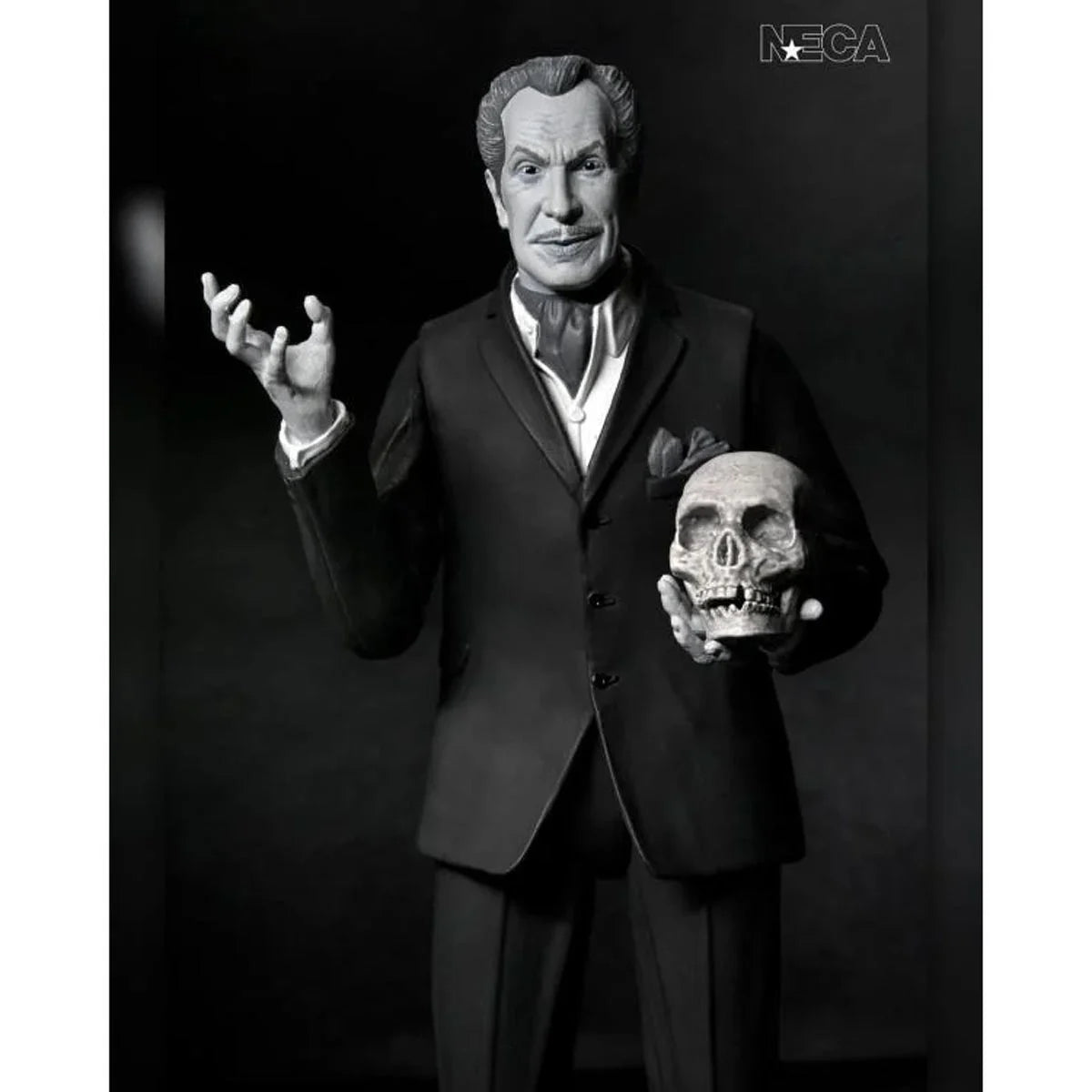 Vincent Price - Ultimate Silver Screen Edition B&W NECA 7-Inch Action Figure holding skull in black suit new in box
