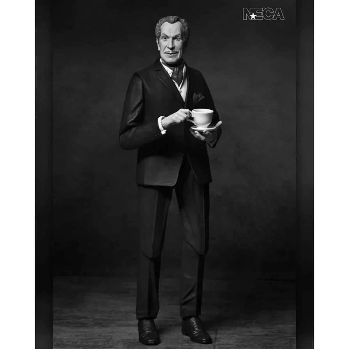 Vincent Price - Ultimate Silver Screen Edition B&W NECA 7-Inch Action Figure in black suit holding teacup new in box by Neca
