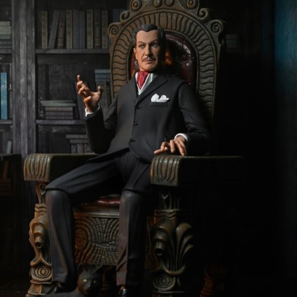 Vincent Price - Ultimate Master of Menace NECA 7-Inch Scale Action Figure seated in ornate chair new in box collectible by Neca