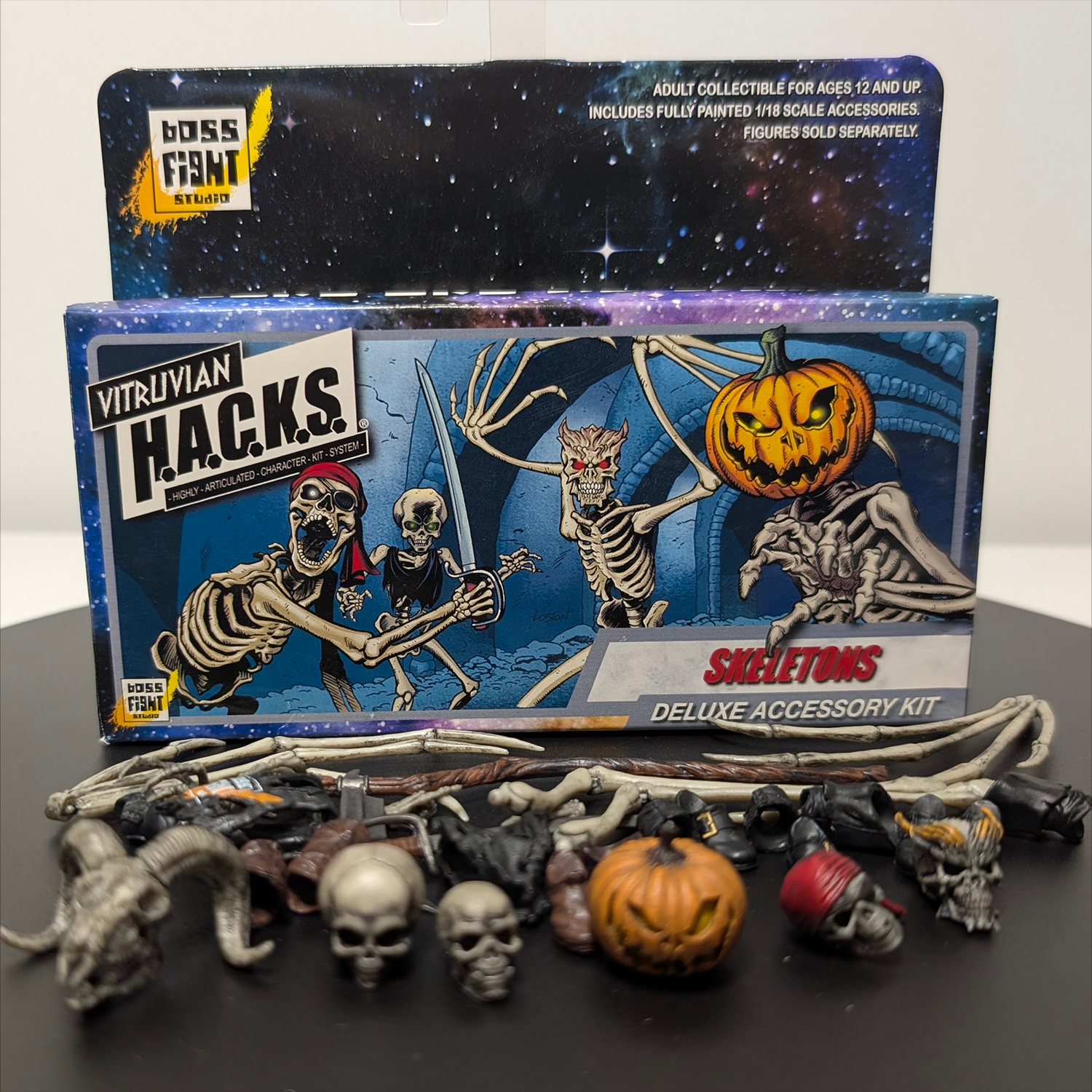 Vitruvian H.A.C.K.S. Deluxe Character Builder Kit: Skeletons Premium Accessory Set by Boss Fight Studio Llc with painted skulls and pumpkin