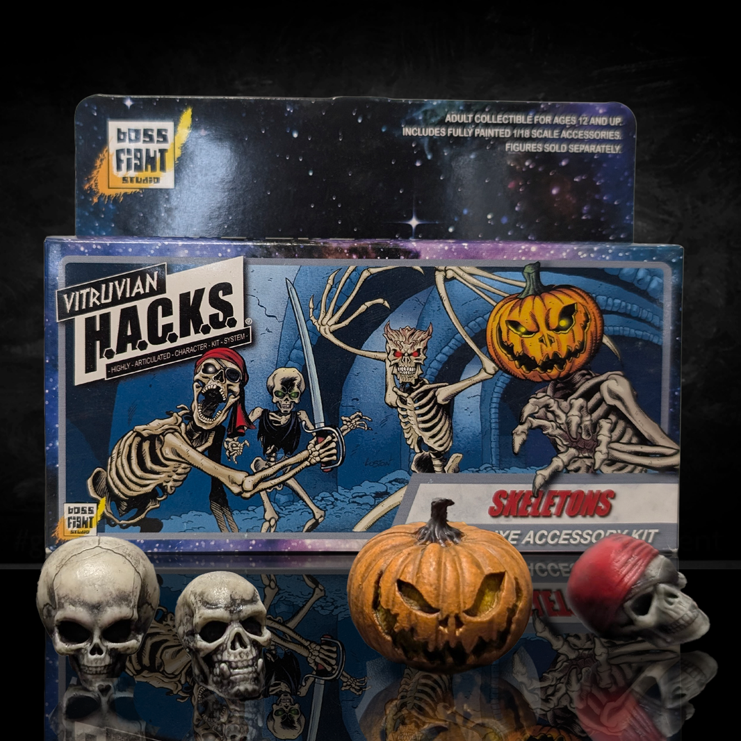 Vitruvian H.A.C.K.S. Deluxe Character Builder Kit: Skeletons Premium Accessory Set by Boss Fight Studio Llc with detailed skulls and pumpkin accessories