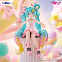 Hatsune Miku 10th Anniversary Noodle Stopper Statue FuRyu by Banpresto, colorful detailed figure with pink dress and long turquoise hair
