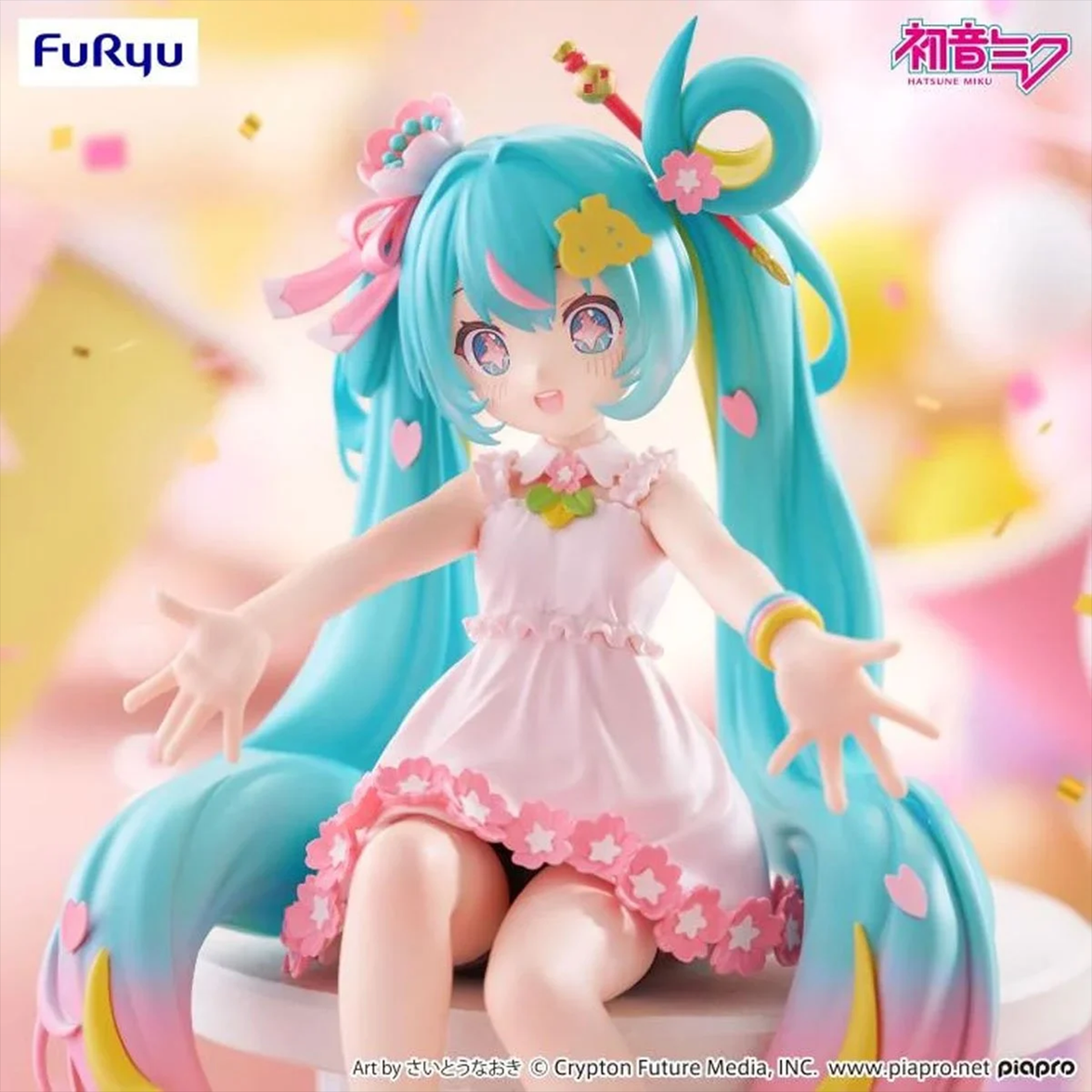 Hatsune Miku 10th Anniversary Noodle Stopper Statue FuRyu by Banpresto in white dress with pink floral accents and turquoise twin tails
