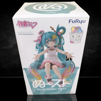 Hatsune Miku 10th Anniversary Noodle Stopper Statue FuRyu by Banpresto, detailed figure in white and pink outfit with turquoise hair