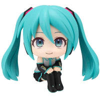 Hatsune Miku Look Up Series Statue MegaHouse Vocaloid Figure featuring chibi seated pose with turquoise hair and detailed outfit new in box