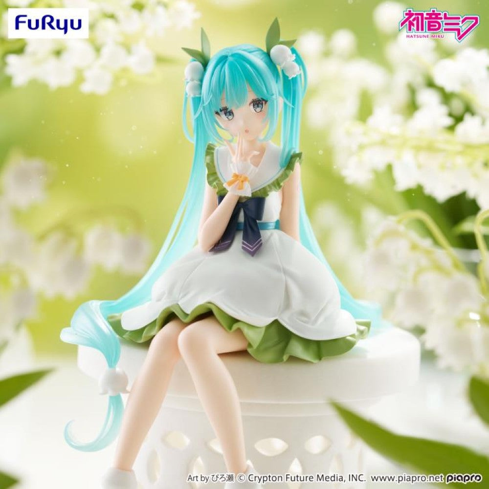 Hatsune Miku Flower Fairy Lily of the Valley Noodle Stopper Figure FuRyu by Banpresto with pastel dress and floral background