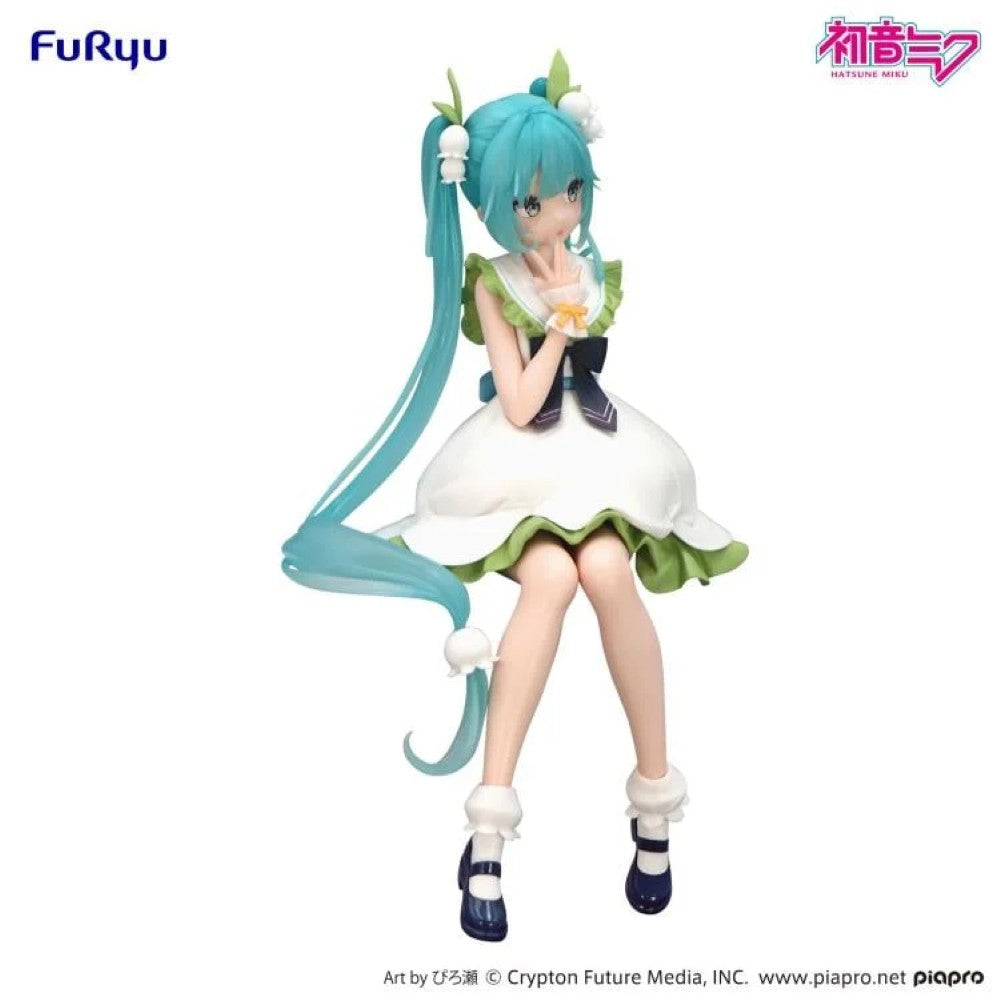 Hatsune Miku Flower Fairy Lily of the Valley Noodle Stopper Figure FuRyu by Banpresto seated with long blue hair and white dress