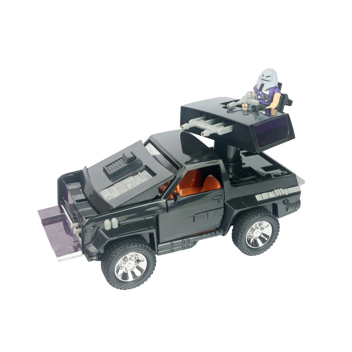 Black toy SUV with a roof mounted platform and seated figure against a white background