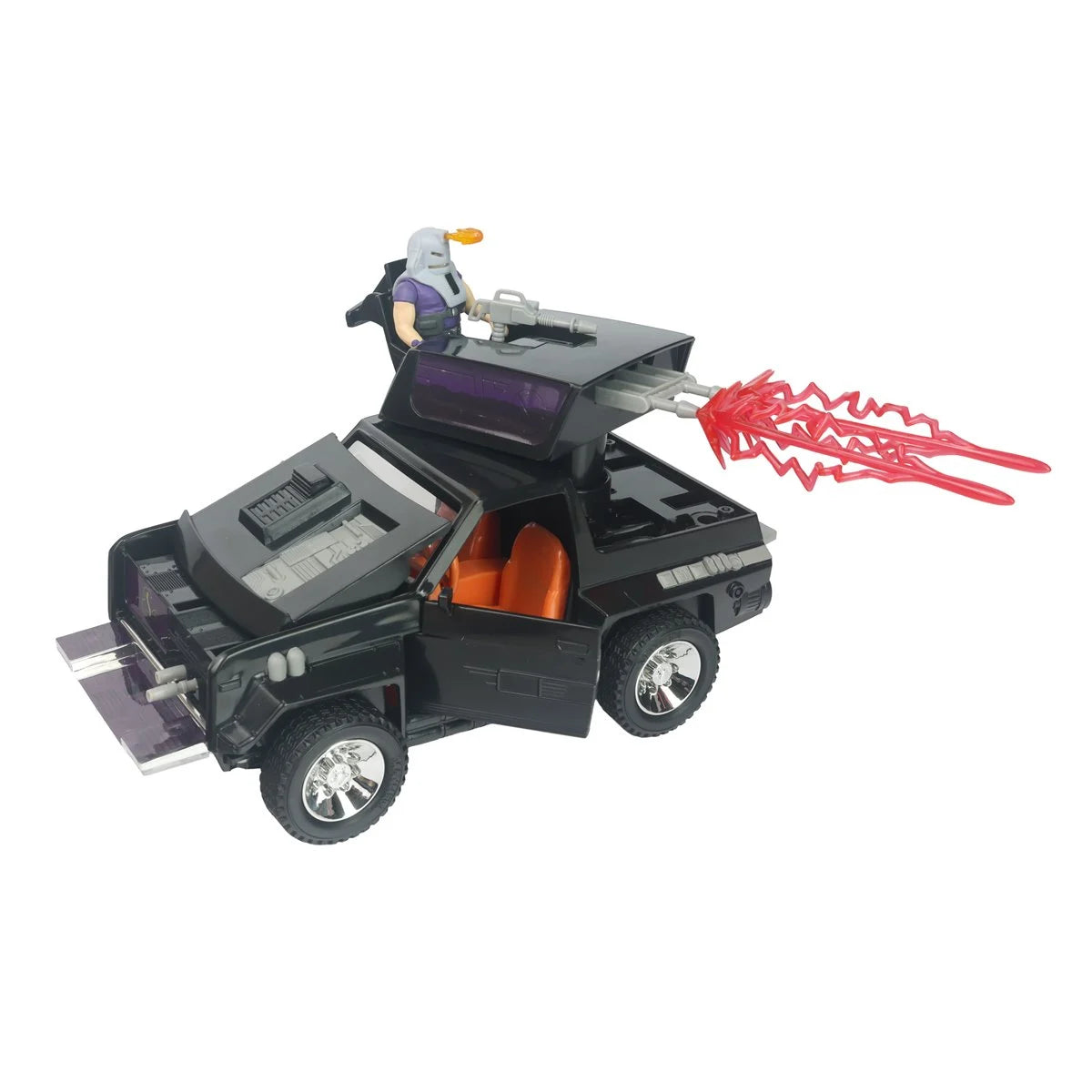 Black toy car with open doors, a mounted figure, roof cannon, and red energy effects