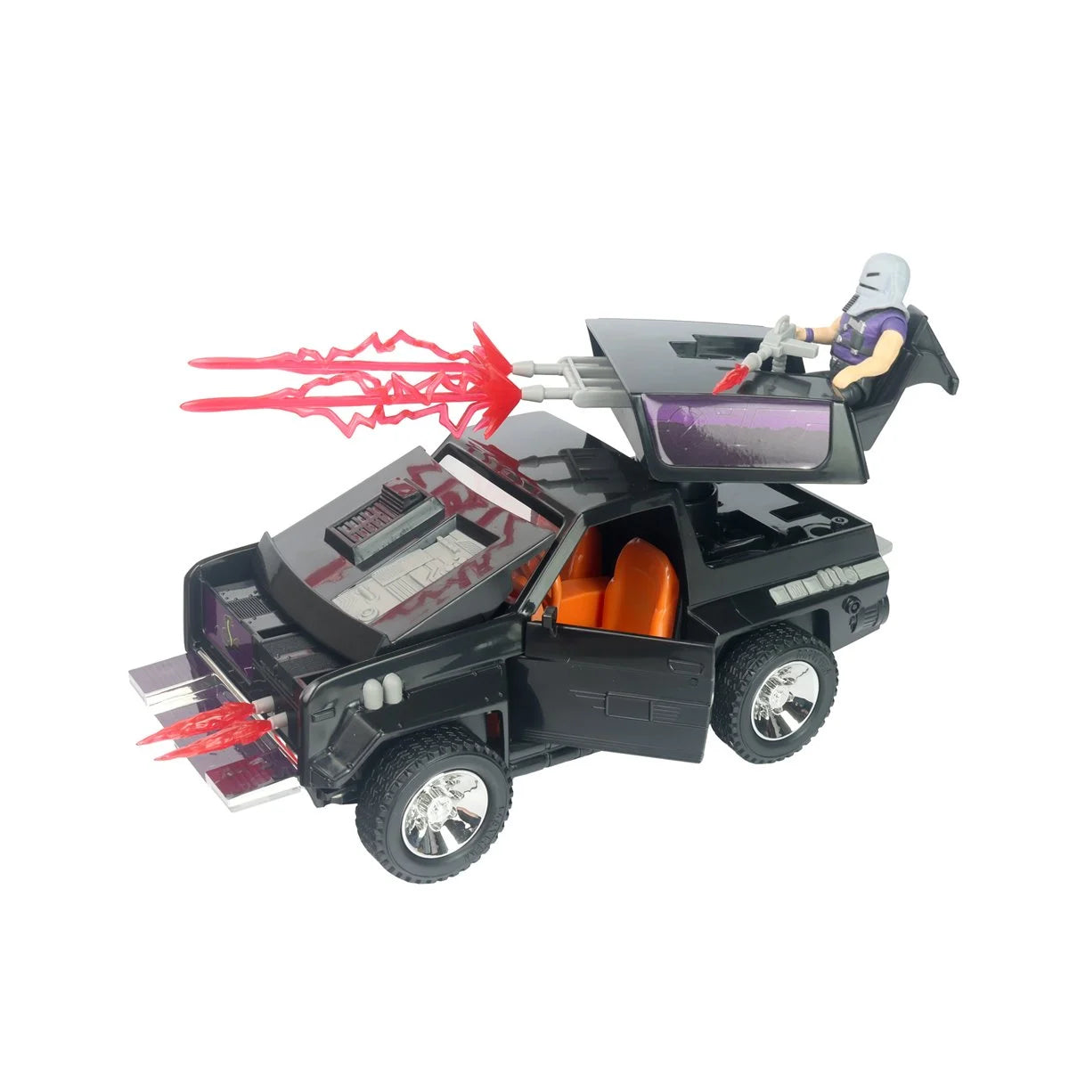 Black armored toy vehicle with open doors, red missile effects, and a seated masked figure at the controls
