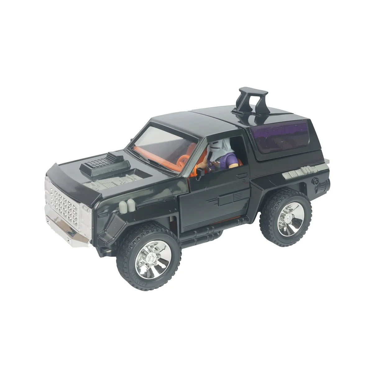 Black off-road toy vehicle with chrome wheels, roof accessory, and a seated action figure inside