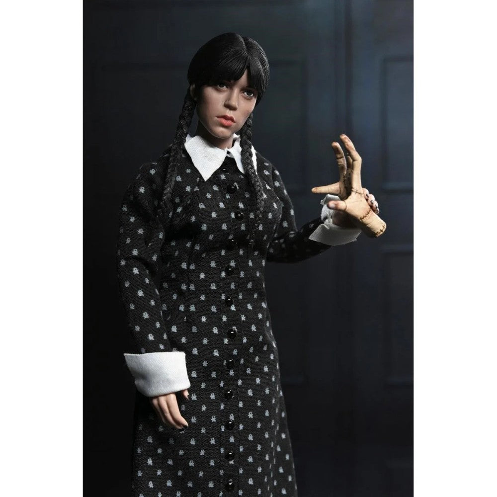 Wednesday Addams Classic Dress 8-Inch Clothed Action Figure NECA in black patterned dress with braids new in box collectible