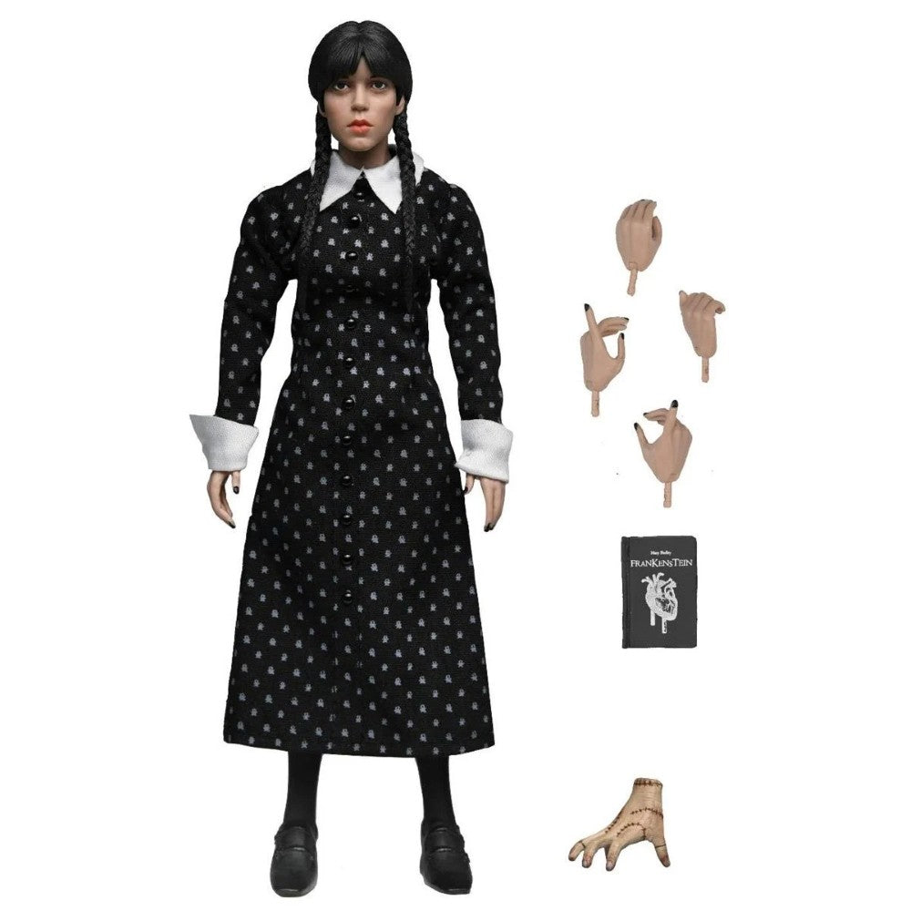 Wednesday Addams Classic Dress 8-Inch Clothed Action Figure NECA with extra hands and mini Frankenstein book new in box collectible