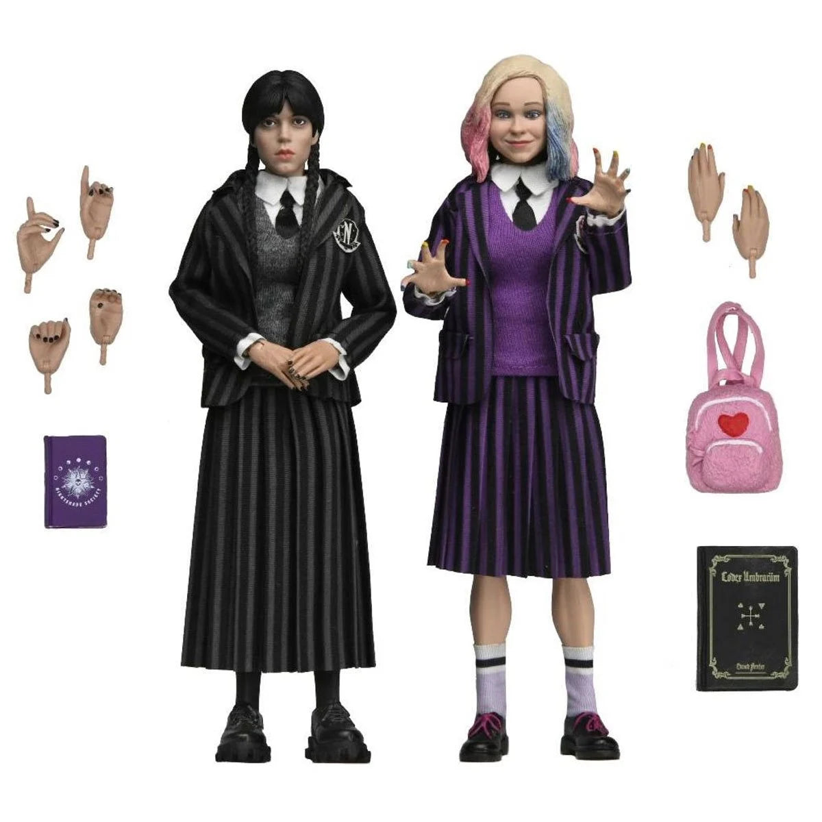 Two detailed clothed action figures of girls in striped school uniforms with accessories including books, a backpack, and interchangeable hands