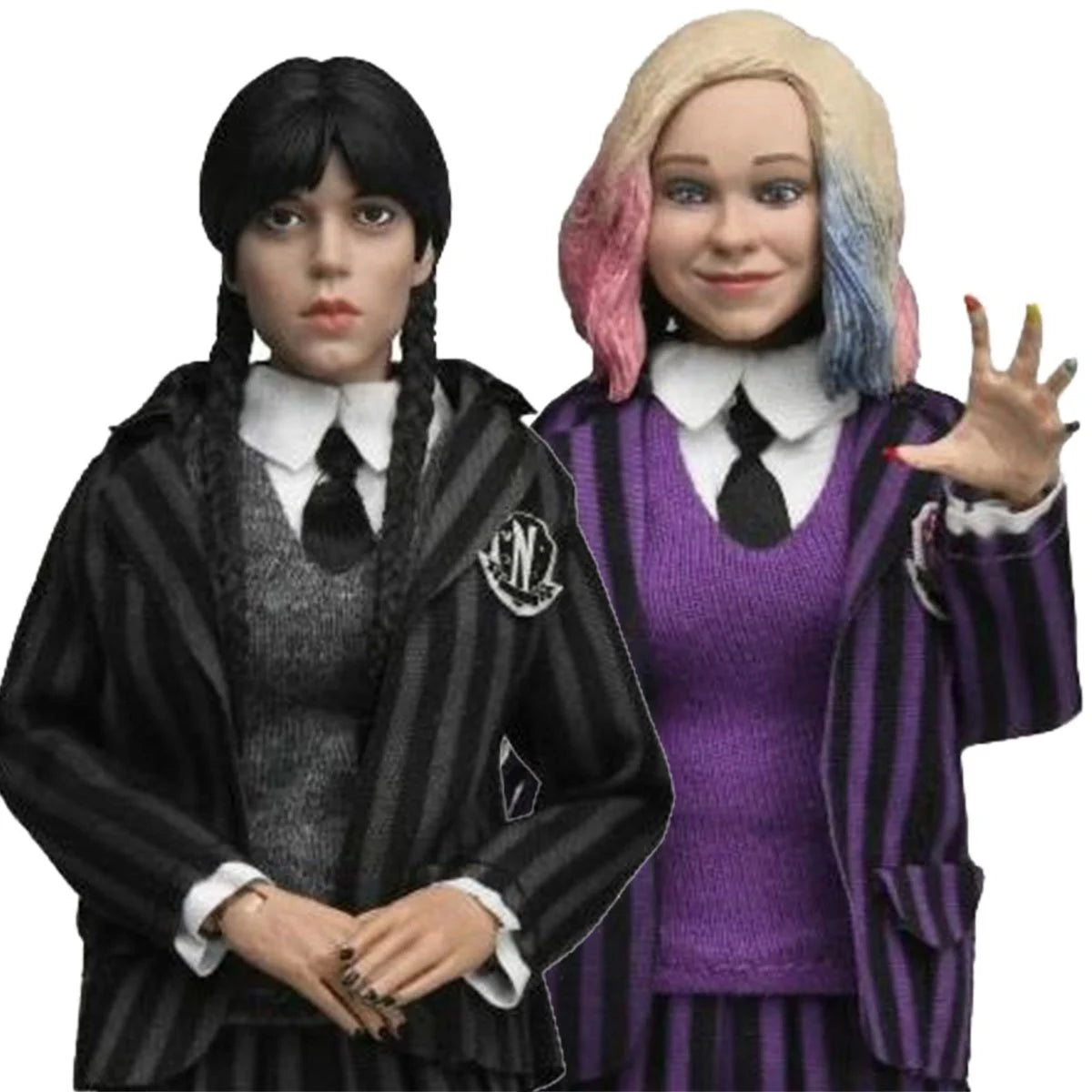 Two detailed collectible figures of girls in striped school uniforms with distinct hairstyles and expressive poses
