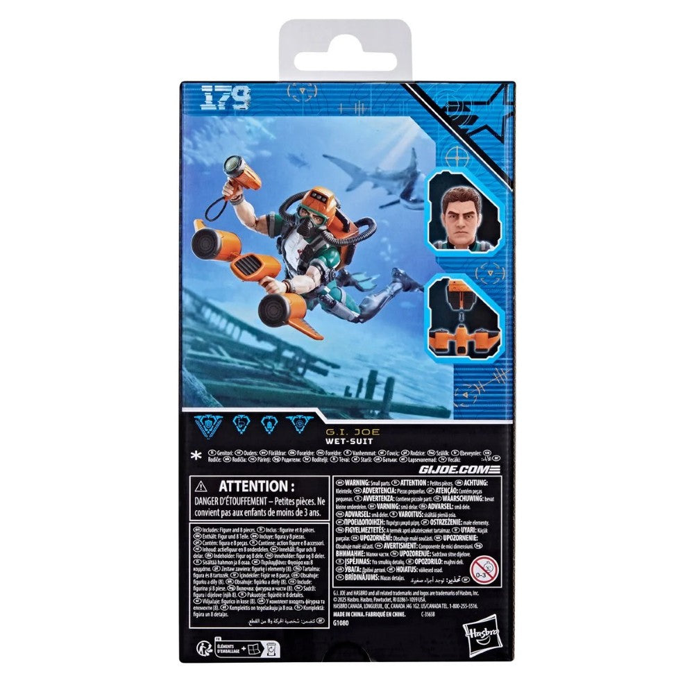 Hasbro G.I. Joe Classified Series 6-inch Wet-Suit action figure shown with underwater gear on retail packaging back panel