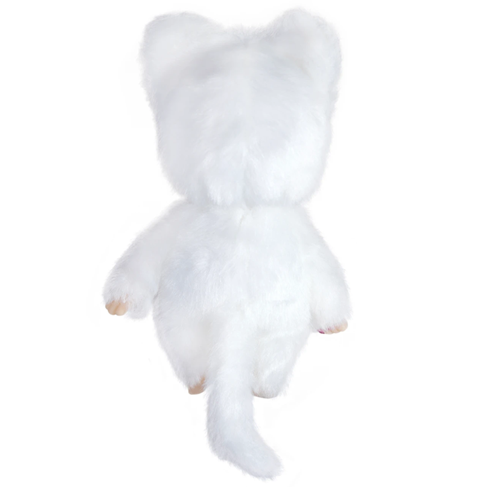 Plush white cat figure facing backward with soft fur and a long tail against a plain white background