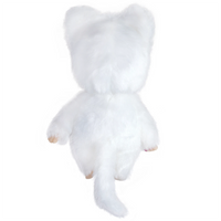 Plush white cat figure facing backward with soft fur and a long tail against a plain white background
