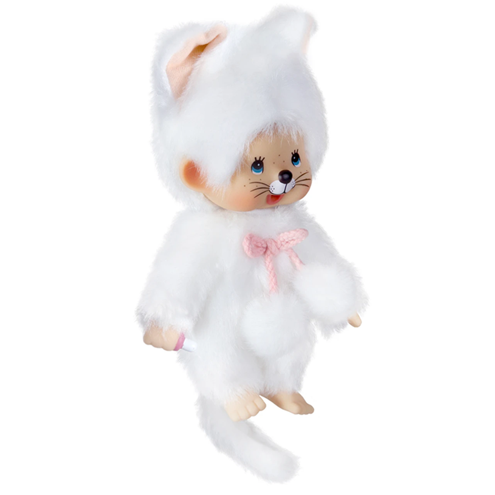 Vintage style doll dressed in a fluffy white mouse costume with pink bow and detailed facial features
