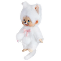 Vintage-style collectible doll dressed in a white fluffy cat costume with painted whiskers and blue eyes