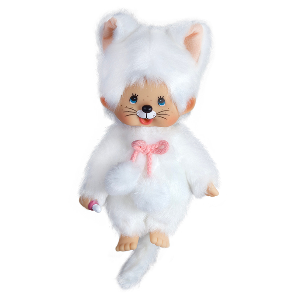 Vintage style doll wearing a fluffy white cat costume with pink bow and painted whiskers on the face