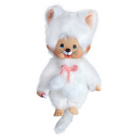 Vintage style doll wearing a fluffy white cat costume with pink bow and painted whiskers on the face