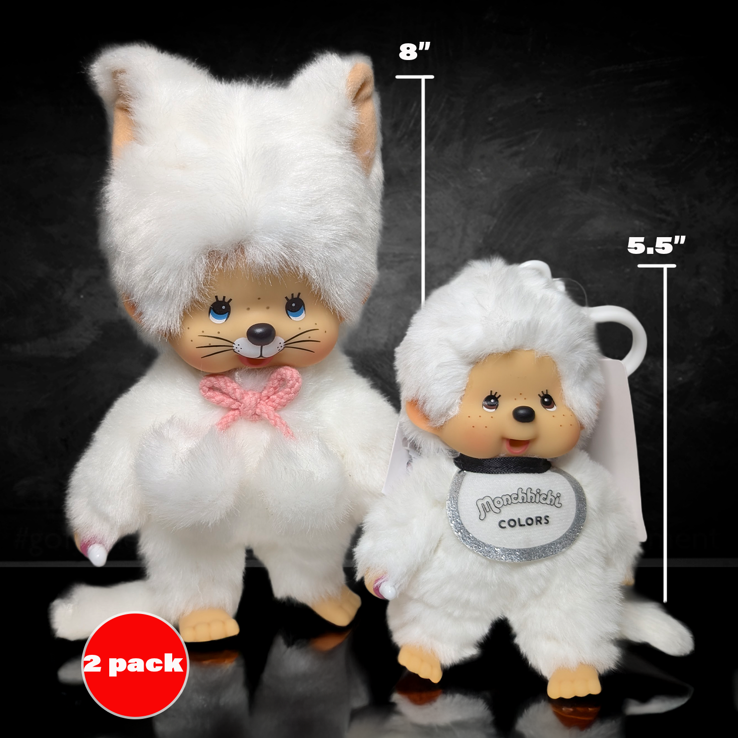 Official Sekiguchi 8-inch Monchhichi Girl as White Cat doll and matching white mascot plush bundle, often searched as a Monchichi set.