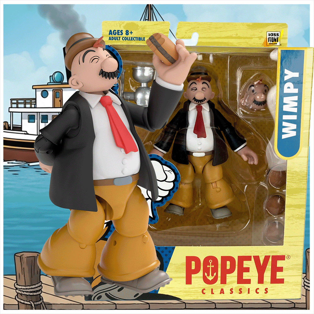 Boss Fight Studio Llc J. Wellington Wimpy figure in black jacket, red tie, brown pants, holding hamburger accessory in packaging