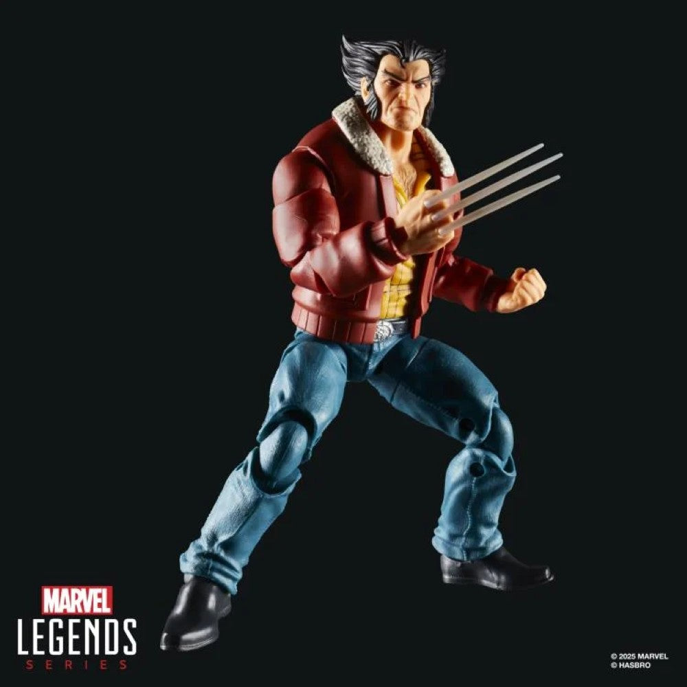 6-inch Hasbro Marvel Legends Logan action figure from X-Men 97 series with claws and red jacket posed on black background