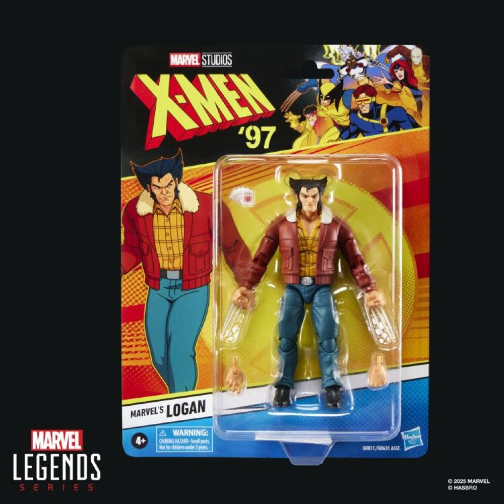 Marvel Legends 6-inch Logan action figure from X-Men 97 series by Hasbro in blister card packaging with accessories